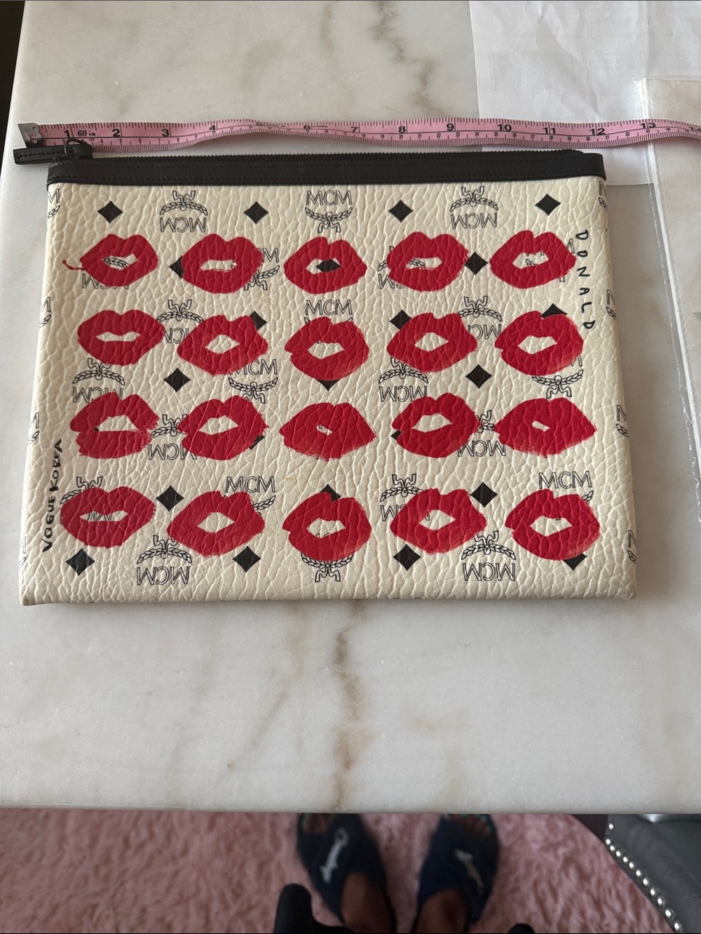 MCM Cream Leather Pouch with Red Lip Pattern